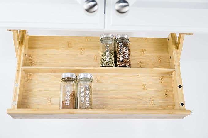Premium Bamboo Easy Under Mounting Cabinet Spice Storage Rack designed with magnetic closure and locking mechanism