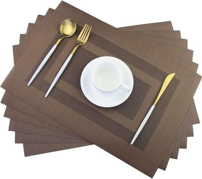 PIGCHCY Placemats Set of 6,Washable Woven Vinyl Kitchen Table Mats Non Slip Durable Placemats Heat Resistant Placemats for Dining Table(Coffee Brown)