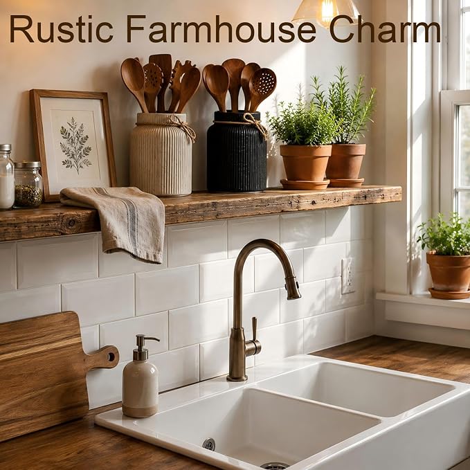 Farmhouse Ceramic Kitchen Utensil Holder for Countertop,Retro Country-Style Vertical-Striped Hemp Rope Design,Modern Kitchen Counter Organizer for Cooking Utensils ,Kitchen Decor & Decorative Vase