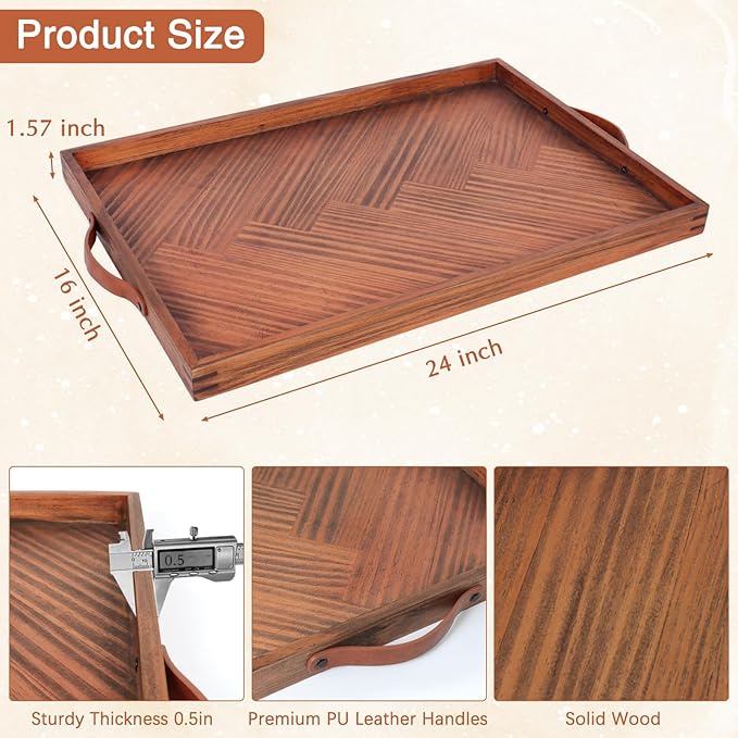 SXNOWS Large Ottoman Wooden Trays, Wood Serving Tray with Handles, Large Ottoman Tray, Wooden Serving Trays for Coffee Tables, Living Rooms and Kitchens, 24 x 16 inch
