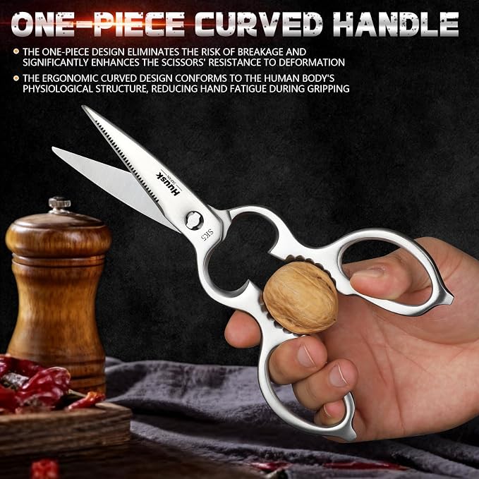 Huusk Kitchen Scissors All Purpose - Christmas Gift for Men and Women - Silver Kitchen Shears for Vegetables and Meat - Detachable Scissors for Thorough Cleaning