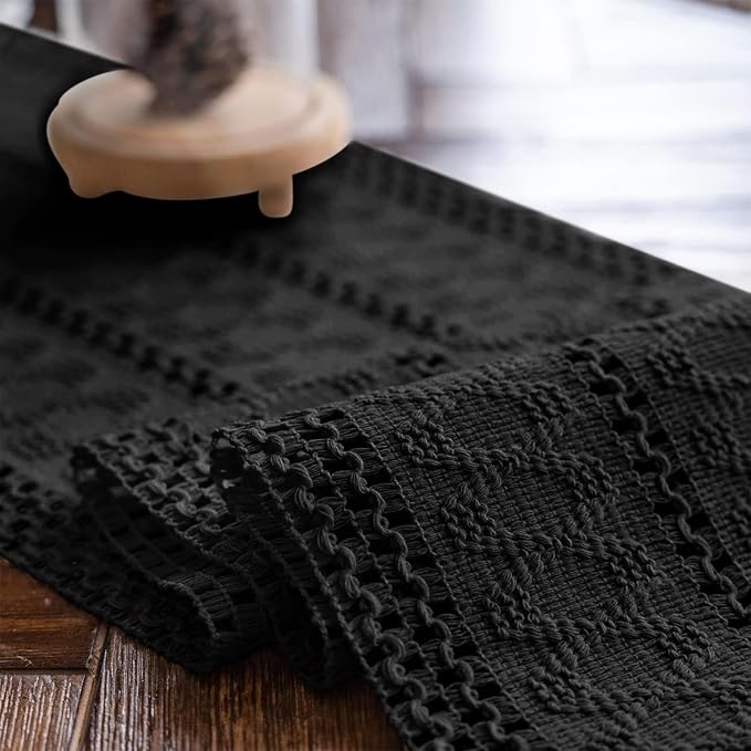 Macrame Table Runner Pure Black Boho Table Runners with Tassels Hand Woven Cotton Table Runner Rustic Farmhouse Table Runners for Bohemian Kitchen Dining Table(12x71in)