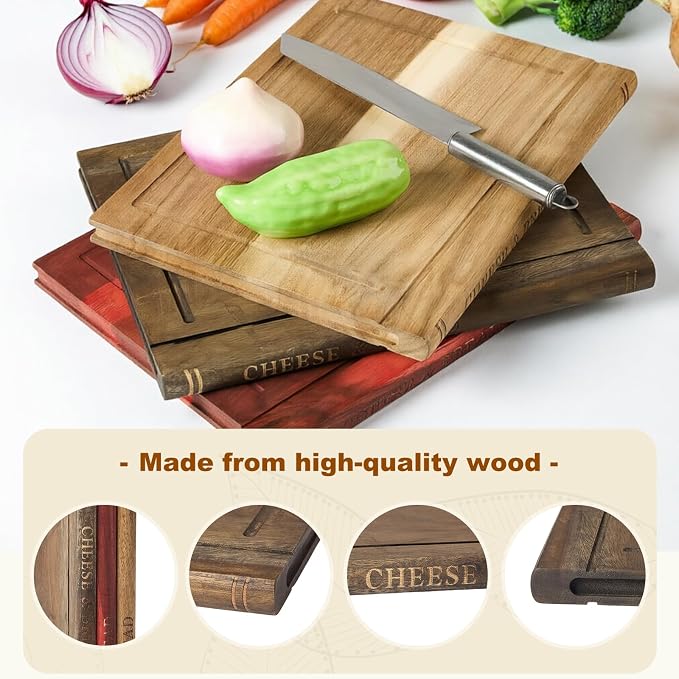 Book Cutting Boards Set,Wood Book Style Cutting Boards With Stand,Wooden Cutting Boards That Look Like Books For Kitchen