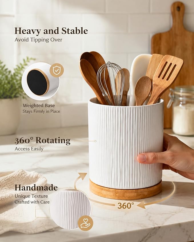 Utensil Holder 360°Rotating for Kitchen Countertop, 7.9'' Ceramic Large Cooking Utensil Crock with wododen for Counter Decor,Morden Utensil Organizer for Spatula, Cream White