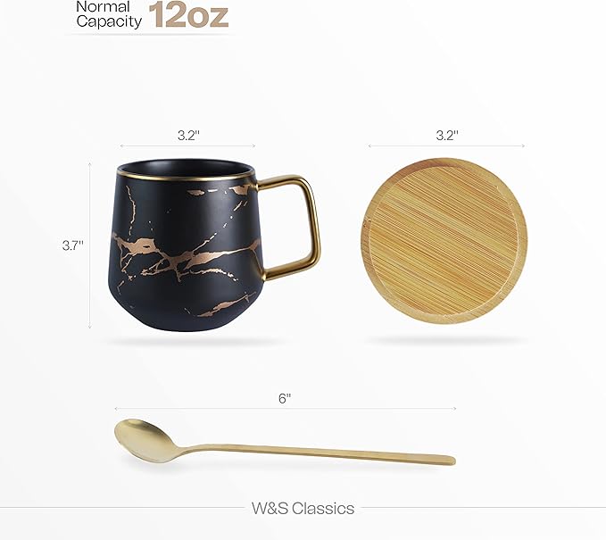 Classic Ceramic Kintsugi Style Black Coffee Tea Mug with Gold Inlay, Spoon and Bamboo Lid- 12 OZ, Large Mugs for Men and Women, Unique Design, Perfect Novelty Gift- Dishwasher Safe