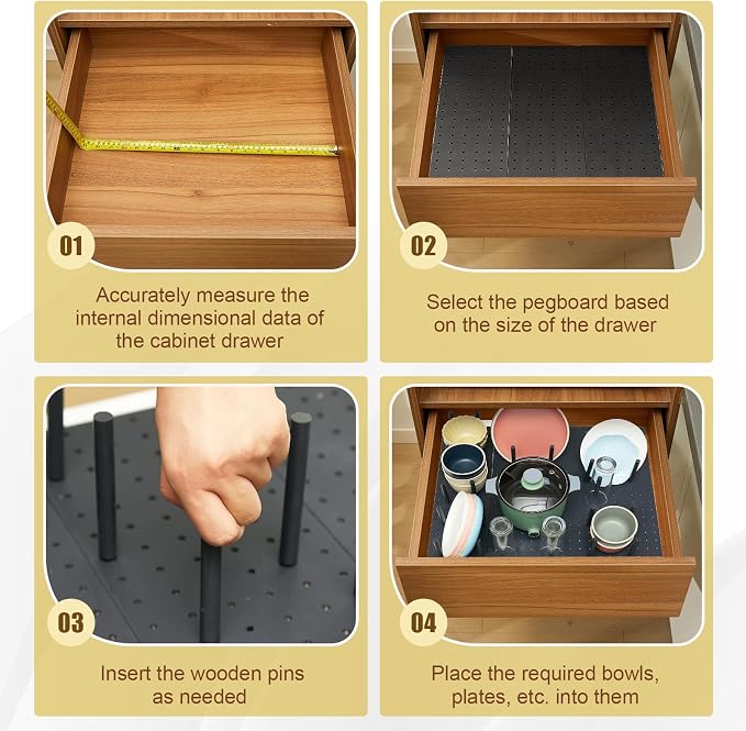Kigley 6 Pcs Wood Pegboard Drawer Organizer with 48 Pegs Wooden Peg Board System Peg Drawer Organizers for Kitchen Dishes Plate Pegboard Food Containers(Dark Gray,20.1x5.91,Pine)