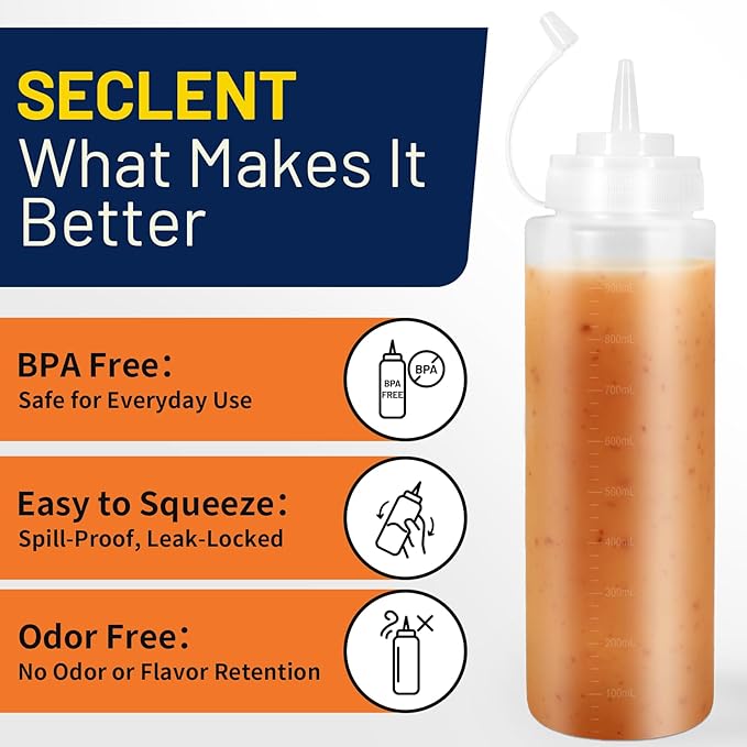 32oz Squeeze Bottles, Clear Condiment Squeeze Bottles for Sauces, Plastic Ketchup Bottle Squeeze for Liquids, Cooking Squirt Bottle for Kitchen, Oil, Food - 6 Pack