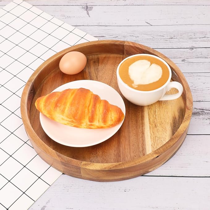2 PCS Round Serving Acacia Wooden Tray with Handles, Elegant Acacia Wood Tray for Decor, Decorative Serving Tray, Coffee Table Decor for Living Room, Home Dining (12 x 12 x 1.6 inches)
