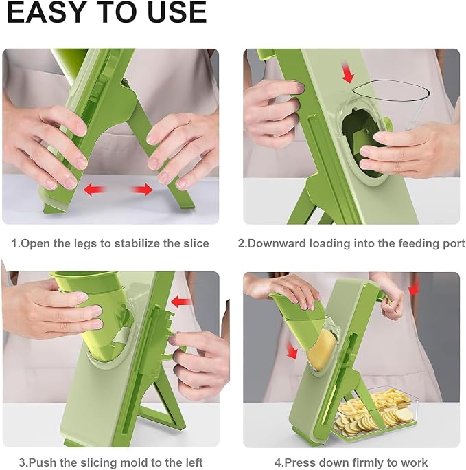 Eletronova Safe Mandoline Slicer for Kitchen, Vegetable Slicer with Container, French Fry Cutter, All in 1 Julienne Slicer for Potato, Thickness Adjustable, Detachable Blade (Green)