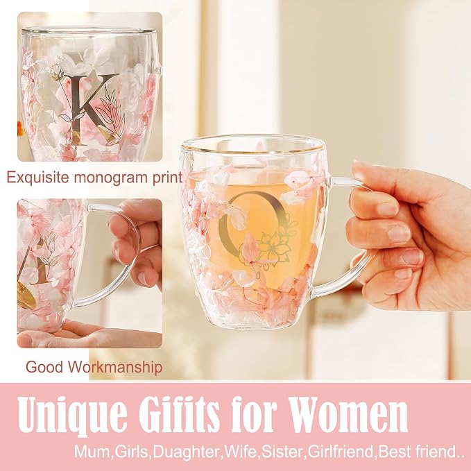 Personalized Gifts for Women Cute Monogrammed Double Wall Glass Coffee Mug Tea Cup with Spoon Customized Bridesmaid Bride Wedding Gifts Christmas Birthday Gifts for Mom Wife Friend Sister Coworker (O)
