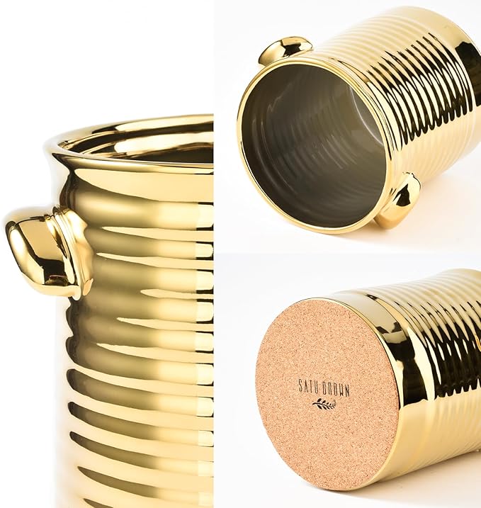 Gold Utensil Holder for Countertop, 6.4" Ceramic Utensil Holder for Kitchen Counter, Large Embossed Cooking Utensil Crocks for Kitchen Decor, Utensil Organizer with Cork Bottom for Housewarming Gifts