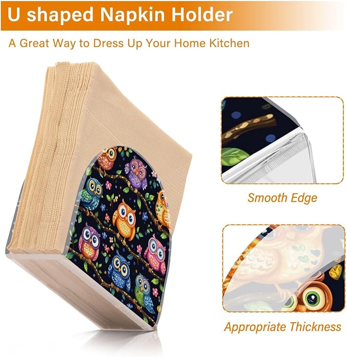 Napkin Holder Acrylic Napkin Holder for Table Kitchen Party Restaurant U Shaped Upright Napkin Dispenser Organizer Vibrant Owls Branches Flowers Spring