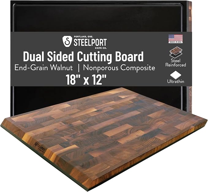 STEELPORT End-Grain Walnut Cutting Board for Kitchen 18”x12” – Steel Reinforced | Dual Sided, Composite Side With Juice Groove | Professional Butcher Block Chopping Board | Handcrafted in USA
