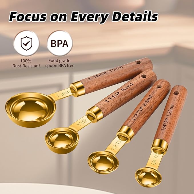 Wooden Handle Measuring Cups & Spoons Set 8-Piece – Stainless Steel, Stackable, Rustic Farmhouse Kitchen Gadgets, Non-Toxic, Dishwasher Safe, Gift for Bakers & New Homeowners