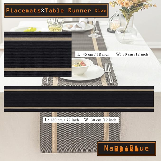 PIGCHCY Luxurious Placemats and Table Runner Set, Stylish Durable Placemats Set of 6 for Home Wedding Hotel Decoration (Black)
