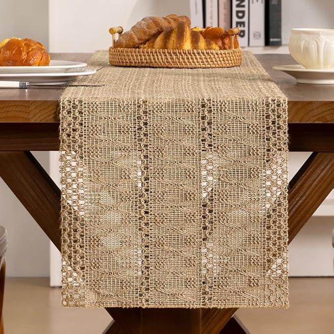 Burlap Brown Boho Woven Cotton Linen Table Runner 11"x36" with Tassels Rustic Macrame Farmhouse Table Runner for Summer Dining Room Wedding Kitchen Party