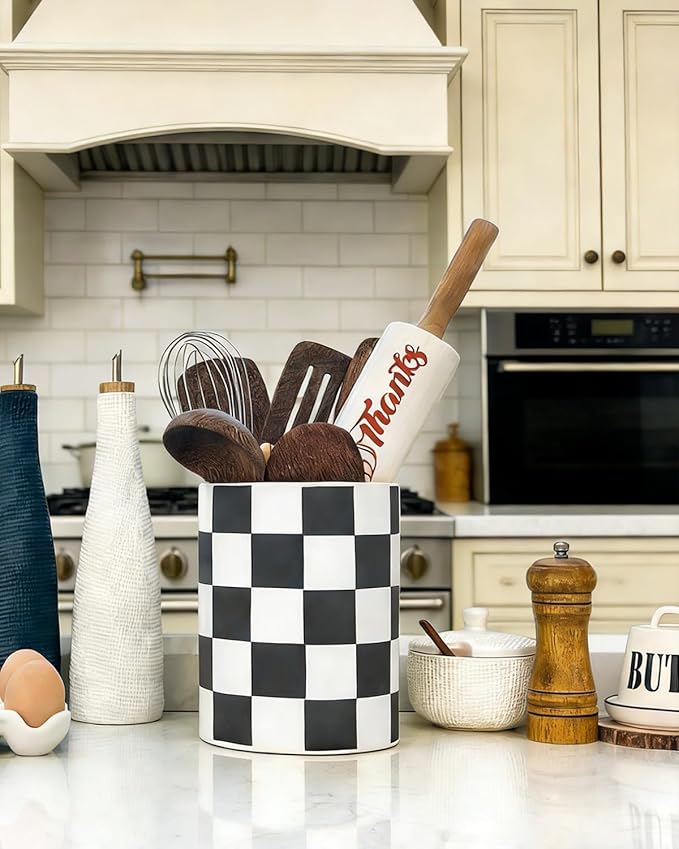 Checkered Kitchen Utensil Holder - 7.2" Ceramic Utensil Crock for Countertop, Kitchen Decor and Accessories for counte (Black)