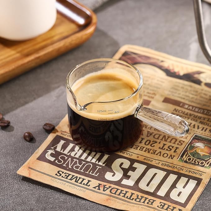 Espresso Shot Glass 2 Pack - 150ML Espresso Cups with Handle and Dual-Scale, Espresso Shot Glass with V-Shaped Mouth, 5oz Espresso Glass Measuring Cup Perfect for Espresso Shots and Milk Froth