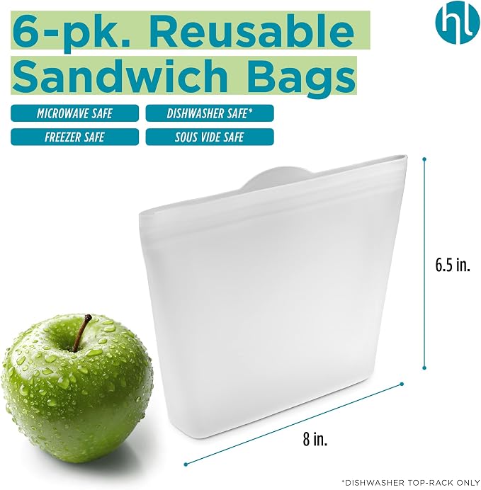 Home Logic Reusable Sandwich Bags - Set of 6 Clear Silicone Freezer Bags, Airtight Leak Resistant Reusable Zip Bags for Kitchen Home Food Prep, Microwave & Sous Vide Safe