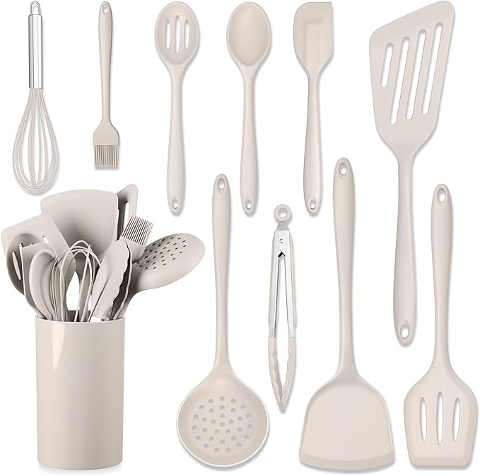 HaWare 11 PCS Silicone Cooking Utensils Set, Heat Resistant Kitchen Utensils with Holder, Food-grade Spatula Sets for Nonstick Cookware, Kitchen Tools Gadgets Include Fish Turner, Spoon (Khaki)