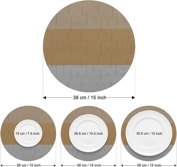 Round Placemats Set of 8, 15 Inch Woven Vinyl Heat Resistant Place Mats, Washable Non Slip PVC Table Mats for Kitchen Dining Party Outdoor Table Decor (Gray Light Brown, 8)