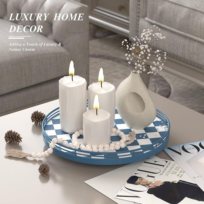 Premium Rubber Wood Lazy Susan Turntable, Blue White Checkerboard Decorative Serving Tray, Hand-Welded Metal Railing, Stable Rotating Organizer for Dining Table, Kitchen Counter, Coffee Table Decor