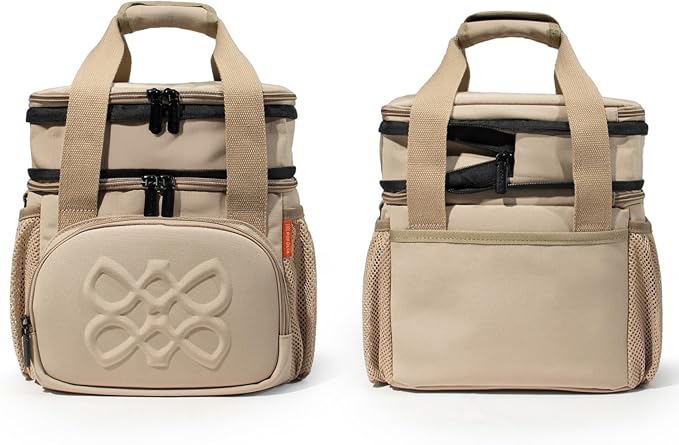 Dual Compartment Lunch Bag, 12L Insulated Leakproof Lunch Box, 13 Can Capacity (Oatmeal Beige)