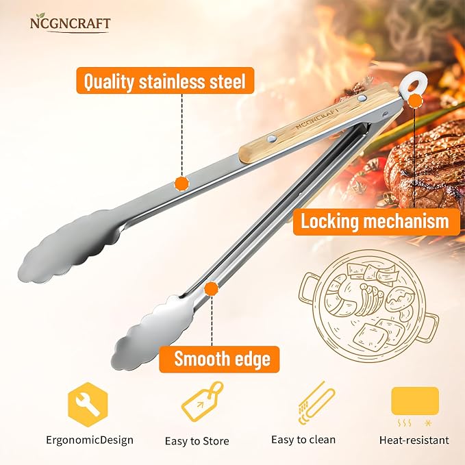 9+12 inch Stainless Steel Kitchen Tongs for cooking with Wood Handle, Set of 2
