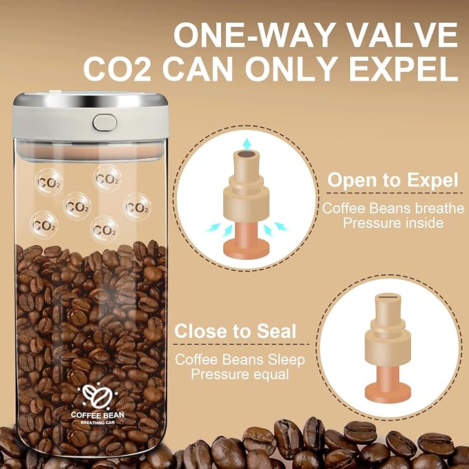Coffee Canister with Premium Glass, Airtight Coffee Container with One-Way CO2 Valve and Freshness Tracker Clear Borosilicate Glass Coffee Canister Perfect for Coffee Bean Storage (1.8Qt)