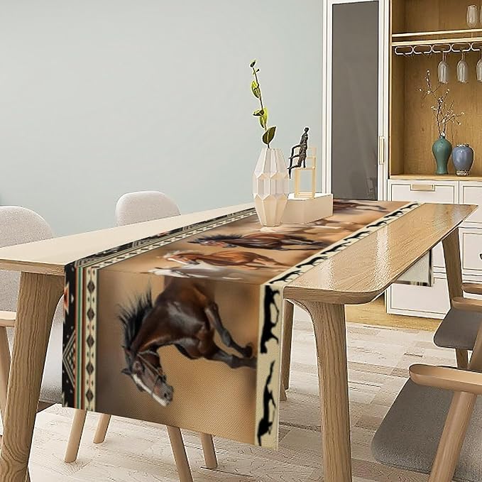 Horse Table Runner, Vintage Western Desert Aztec Abstract Geometric Navajo Wild Horse Running Table Decor Table Top Dining Kitchen Wedding Party 13x70 in