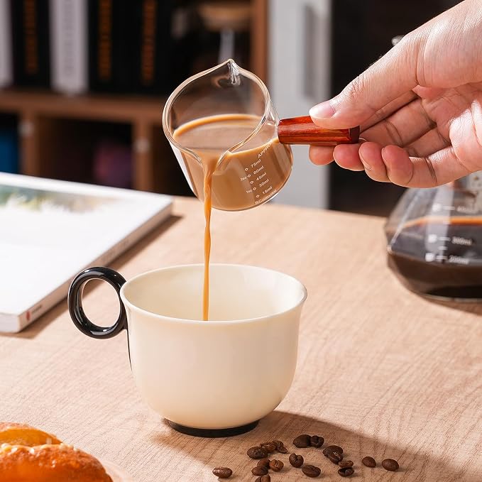 1 Pack Double Spouts Measuring Triple Pitcher Milk Cup with Wood Handle 75ML Espresso Shot Glasses Parts Clear Glass By BCnmviku