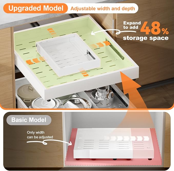 Pull out Cabinet Organizer Expandable W(12"-20") and D(16"-22"), No Drill Adjustable Slide Out Drawers With 3 Slide Rails, 2Pcs Magnetic Panel, Adhesive Roll out Shelves for Kitchen, Cabinets, Pantry