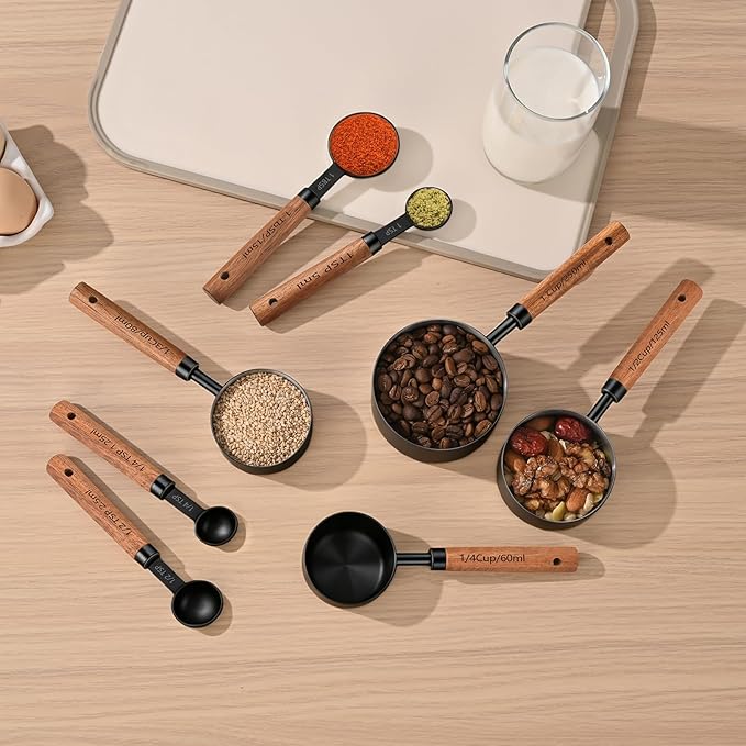 Wooden Handle Measuring Cups & Spoons Set 8-Piece – Stainless Steel, Stackable, Rustic Farmhouse Kitchen Gadgets, Non-Toxic, Dishwasher Safe, Gift for Bakers & New Homeowners