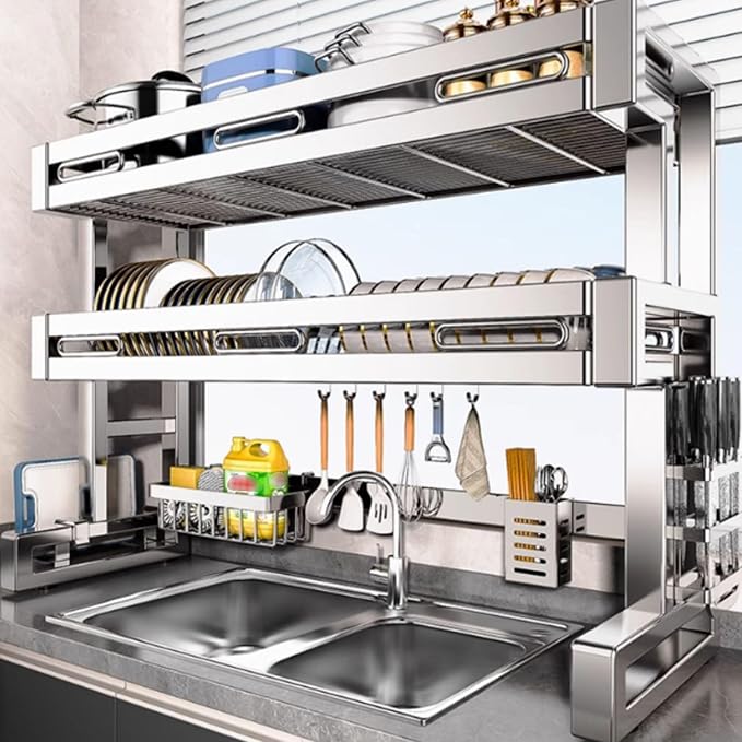 Over The Sink Dish Drying Rack 2 Tier 304 Stainless Steel Multiple Kitchen Dishware Storage Counter Organization Space-Saving with Suction Cup for Plates Bowl(76cm/29.9in)