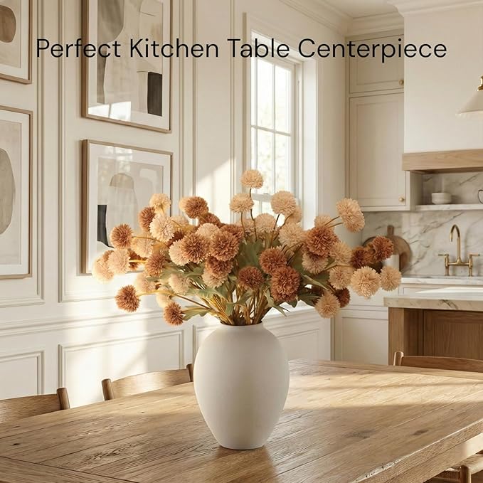 22pcs Artificial Beige & Brown Kiku Flowers with Eucalyptus Stems Bulk, Faux Silk Mum Pom Poms for Vase, Modern Farmhouse Boho Home Decor, Realistic Floral Centerpiece for Kitchen & Living Room