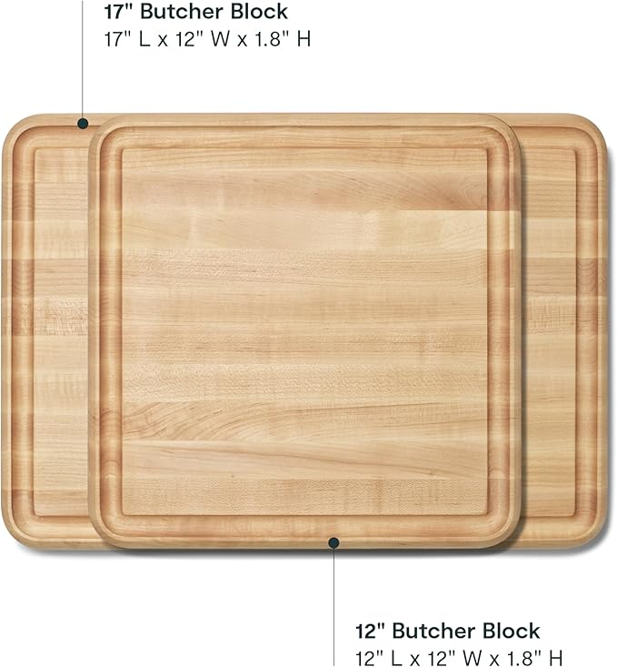 Caraway 3-Piece Prep & Serve Butcher Block Set, Includes 17” Rectangle Cutting Board, 12” Square Cutting Board and Metal Storage Rack, Maple