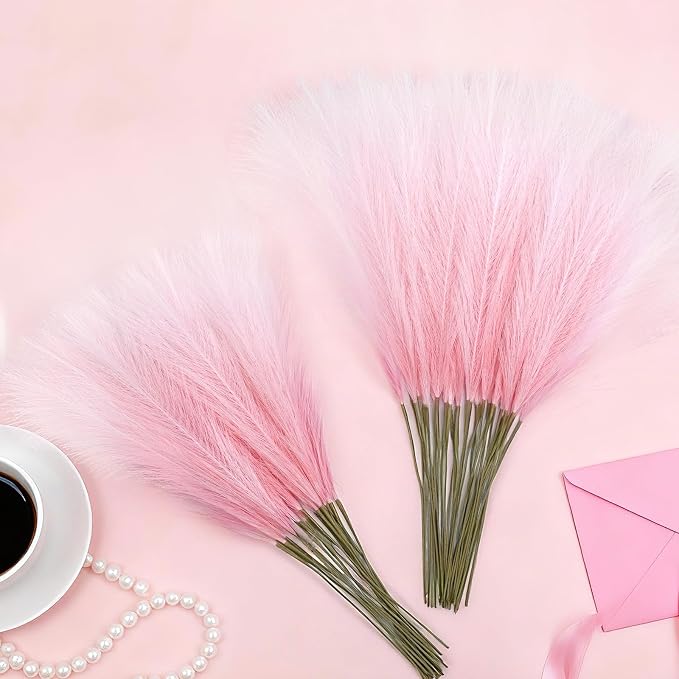 TORONTOKYO Pink Pampas Grass Decor, 50Pcs 21.6 inch, Artificial Short Faux Pompas Grass Small Fluffy Arrangement for Wedding Boho Home Pink Xmas Decor Vase Filler