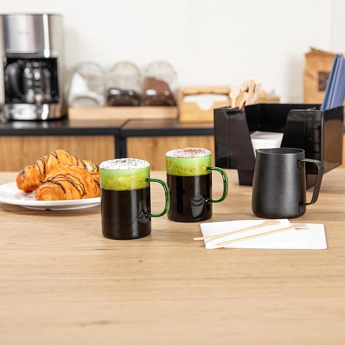 Restaurantware Glass Coffee Mug 2 Count 7 Oz Borosilicate Tea Cup with Ergonomic Handle, Dishwasher-Safe Green Thermal Resistant Mug for Hot and Cold Drinks