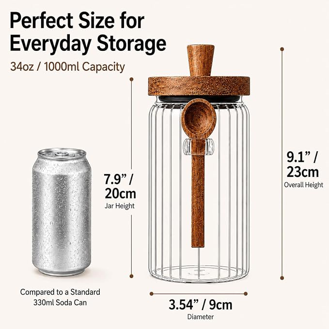 ANSQU Glass Jar with Wooden Lid & Spoon, Food Storage Containers Coffee Jar Coffee Grounds Container, Food Storage Canister (34oz-2pack-stripe)