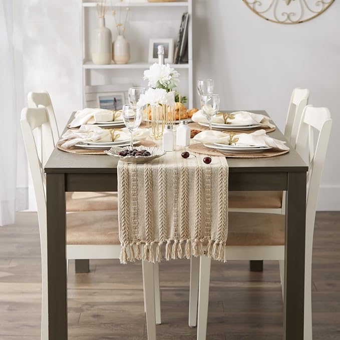 DII Farmhouse Braided Stripe Table Runner Collection, 15x72 (15x77, Fringe Included), Vintage Linen