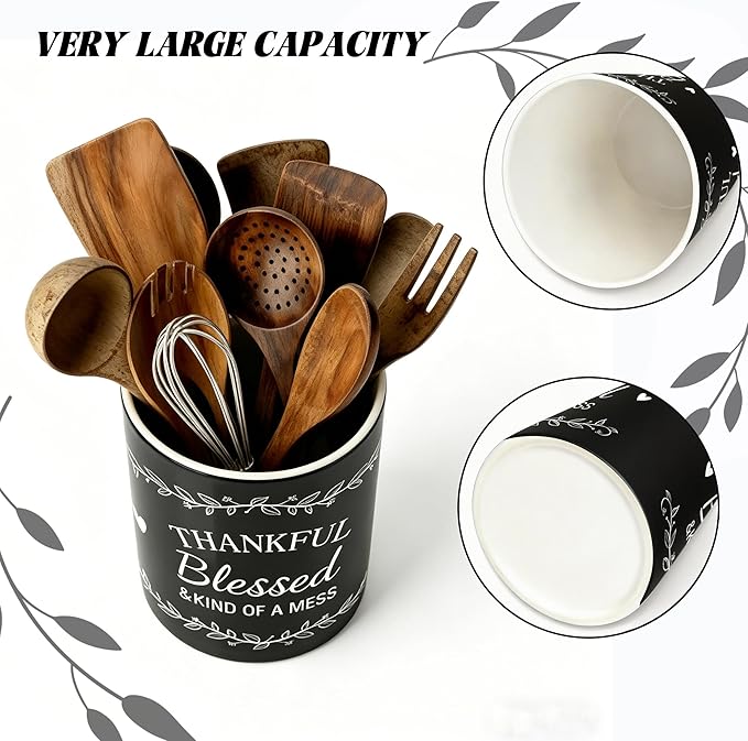 Black Utensil Holder, Ceramic Kitchen Utensil Holder, Utensil Crock for Home Kitchen Countertop Storage Organizer Container, Large Holder for Spatulas, Spoons, Kitchen Counter Decor, 6"