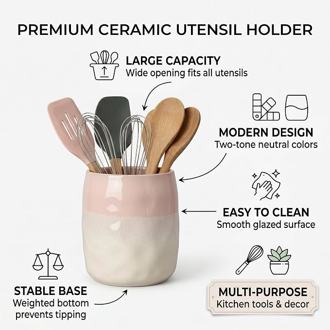 Large Ceramic Utensil Holder for Kitchen Counter, Modern Utensil Crock Organizer (Pink)