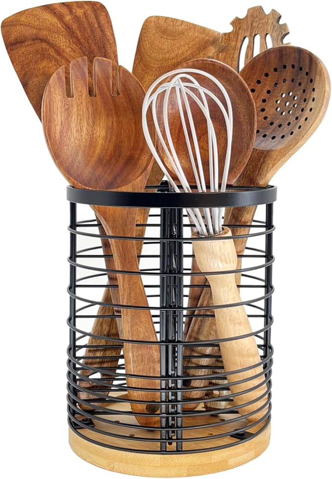 7.2“ Kitchen Utensil Holder with Removable Dividers, Large Countertop Organizer for Cooking Tools, 4 Partitions Mesh Utensil Holder with Bamboo Base ,Matte Black