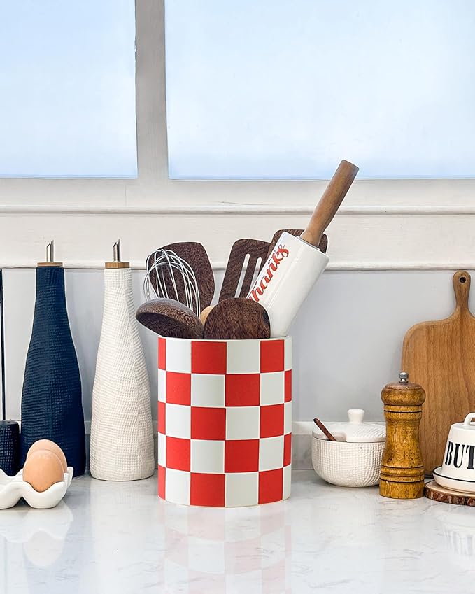 Utensil Holder, 7.2 Inch Checkered Utensil Holder, Ceramic Cooking Utensil Spoon/Spatula Holder for Countertop, Kitchen Decor and Accessories for counte(Red)