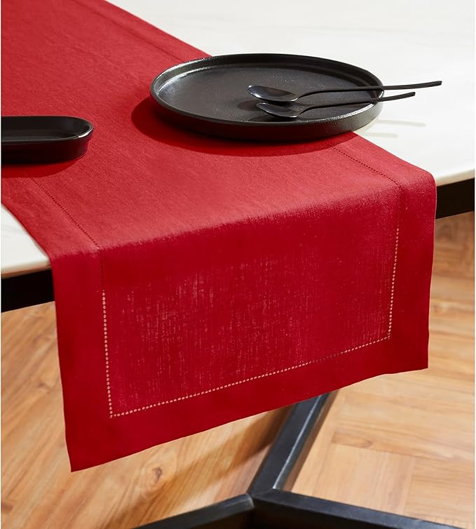 Solino Home Linen Red Table Runner 48 Inches - Sonoma Hemstitch, 100% Pure Linen Coffee Table Runner 14 x 48 Inch Ideal for Dresser Tables - 4th of July