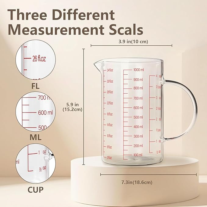 WhiteRhino Glass Measuring Cup,4Cup/1000ml/32oz Liquid Measuring Cups, Measuring Cup With Handle and V-Shaped Spout, Glass Beaker with Three Scales (OZ, Cup, ML), Dishwasher/Freezer/Microwave Safe
