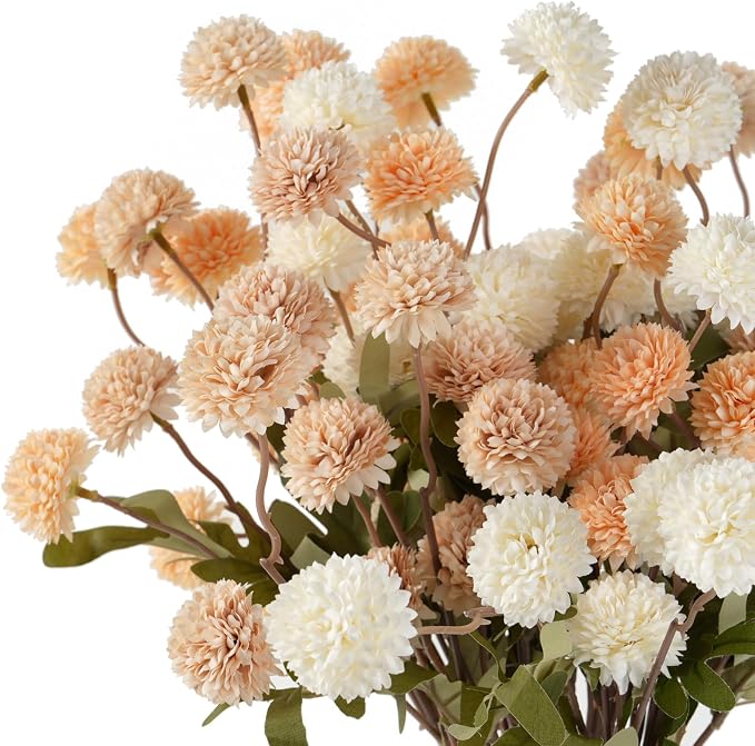 trytuny Fake Fall Flowers for Vase, Faux Silk Kiku Mums, Artificial Pom pom Floral Bouquets Indoor Centerpiece Office Coffee Table Boho Home Decorations (9, Mixed Cream)