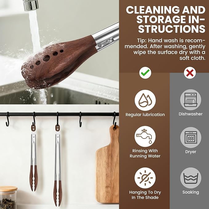 Kitchen Wooden Tongs for Cooking - 9 Inch & 12 Inch Nonstick Natural Walnut Wood Tongs, Stainless Steel Salad Tong with Walnut Wood Tips for Serving Food, Cooking, Salad, BBQ