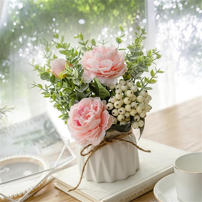 EOBTAIN Fake Flowers in Vase Pink Silk Flowers for Coffee Table Decor Faux Potted Flowers Decoration for Indoor Ceramic Vase with Artificial Plants Flowers Home Decor,Dining Table Centerpiece.