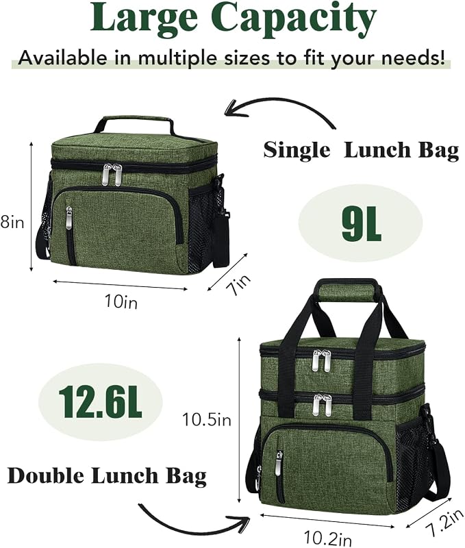 Insulated Lunch Bag for Men & Women, 9L Leakproof Lunch Box Soft Cooler Tote with 5 Pockets, 600D Oxford, EVA Lining, Adjustable Strap for Work, Picnic, Beach&Travel-Green
